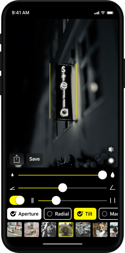 An iPhone with the Slør app open. The user interface of the Slør app is photo editor like.